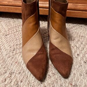 Tri-colored Brown Kitten Heel Ankle Boots Pointed Toe Side Zipper Short Bootie
